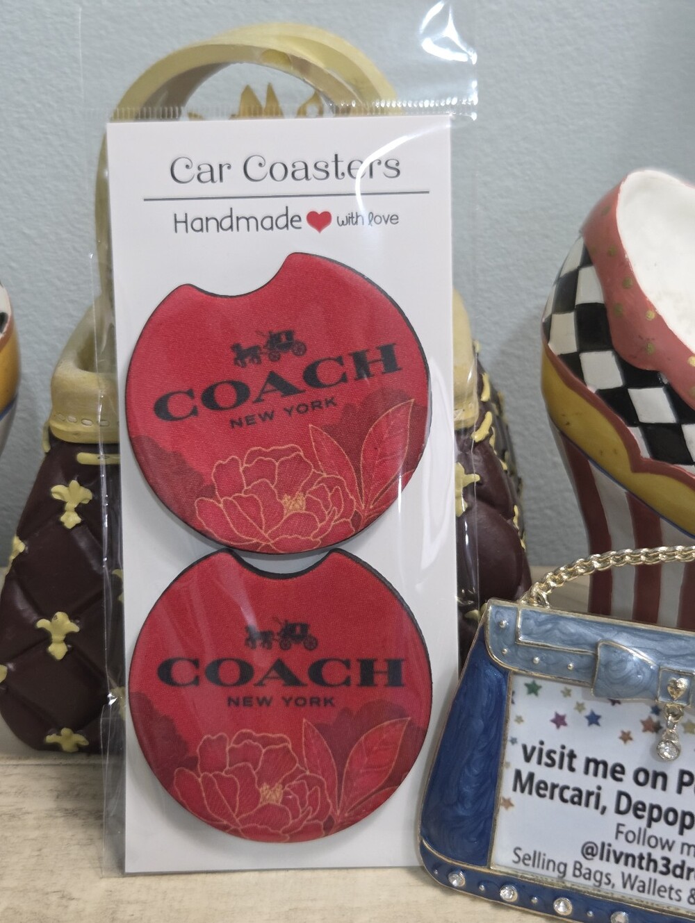 Handmade Red Floral Car Coasters Set (Pack of 2) Designer Inspired, NEW